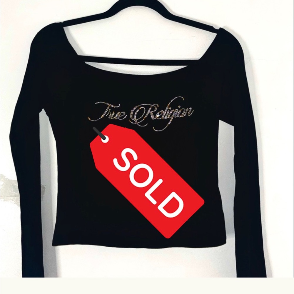 True Religion Black Off-Shoulder Rhinestone Long Sleeve Top